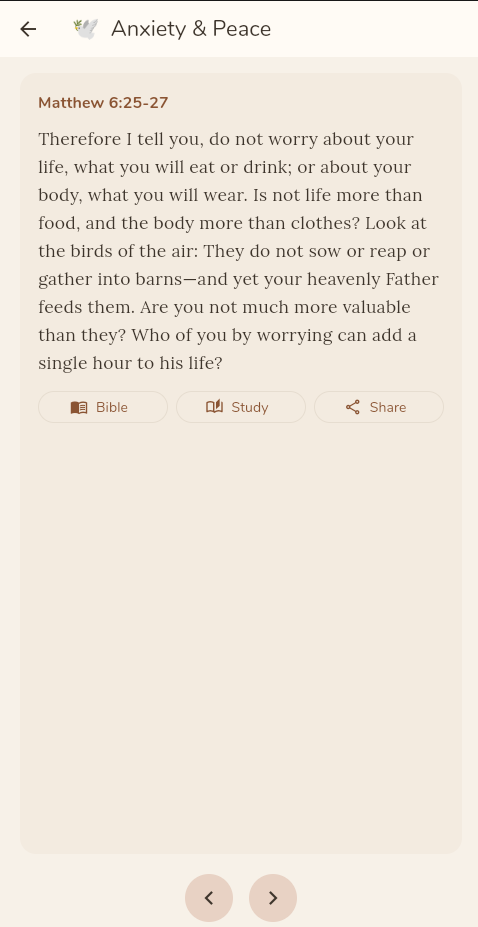 Pathwise app showing an Anxiety & Peace verse card with Matthew 6:25–27